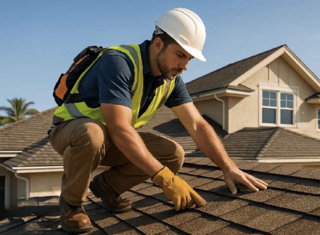 Man inspecting roof shingles outdoors