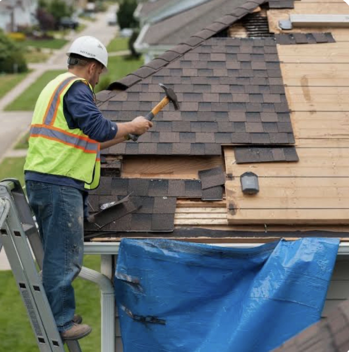 Man installing shingles on roof